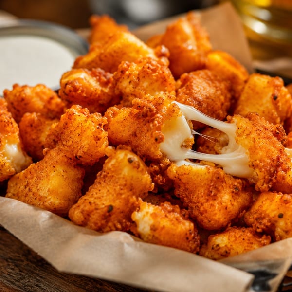 Close-up of crispy fried cheese curds with one pulled apart, showing melted cheese stretching.